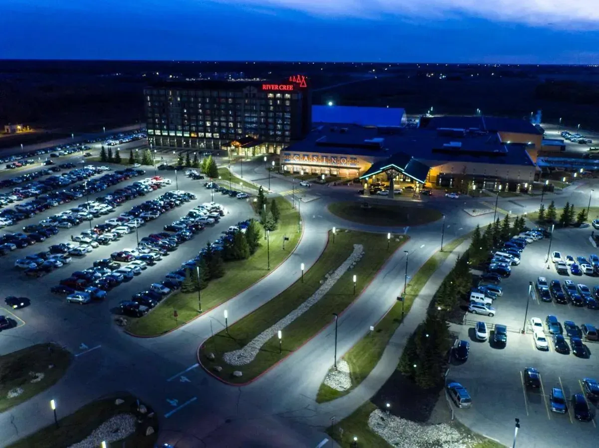 River Cree Resort and Casino, Enoch — the hotel and casino complex seen from above at night