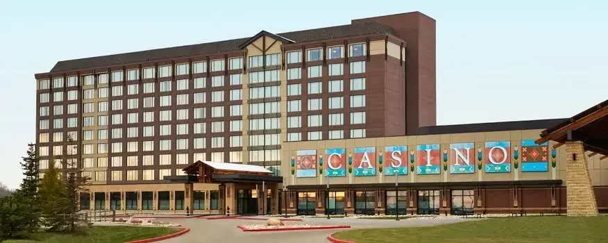 River Cree Resort and Casino, Enoch, Alberta — the casino building and entrance at dusk