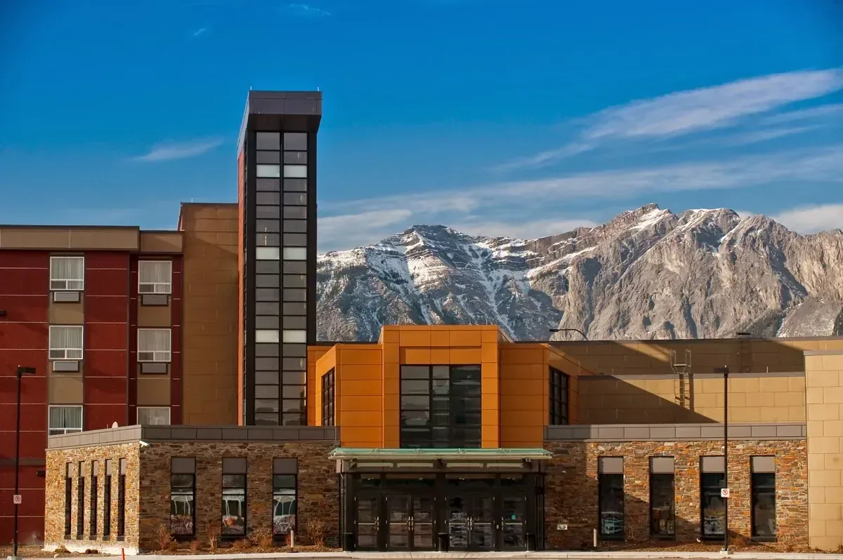 Stoney Nakoda Resort & Casino, Kananaskis — the resort buildings with a snow-capped peak behind them